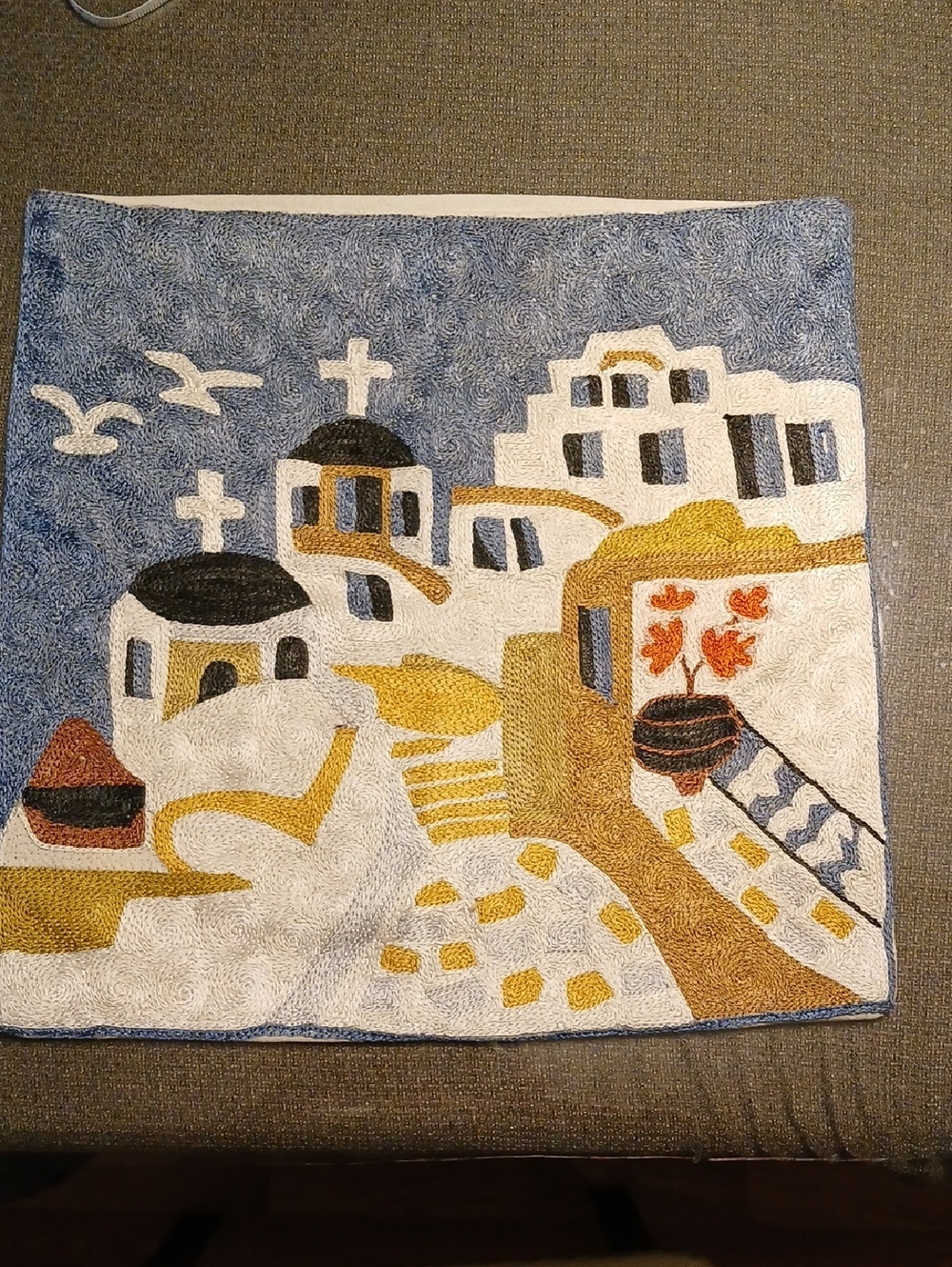 Handmade Mediterranean Village Embroidery Pillow/Cushion Cover Blue,White & Gold